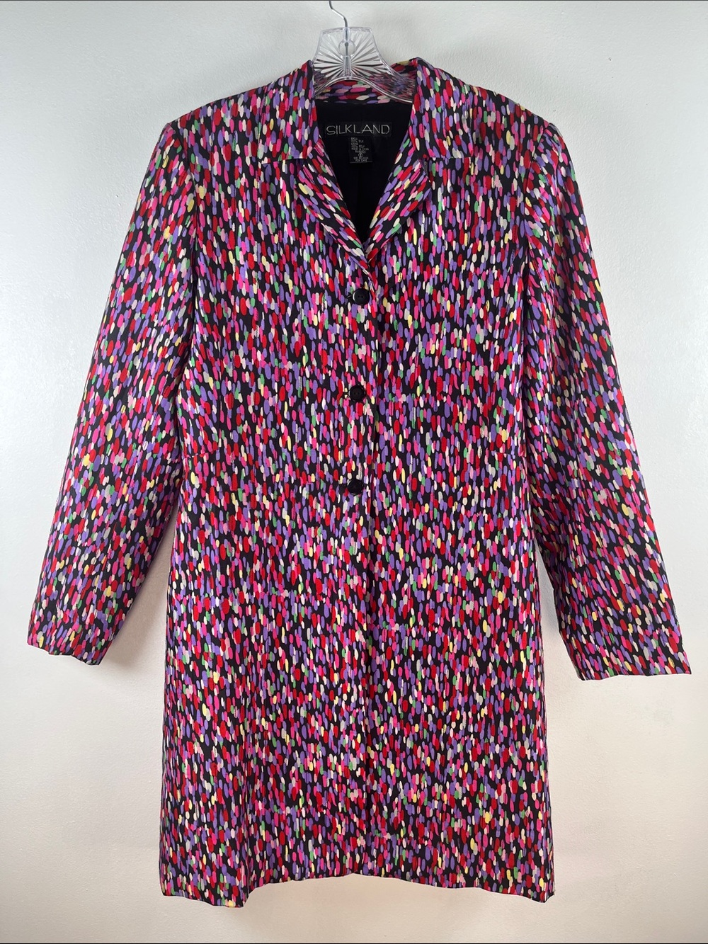 SilkLand Silk Multicolor Dot-Print Coat with Pink and Purple Accents Sz 8